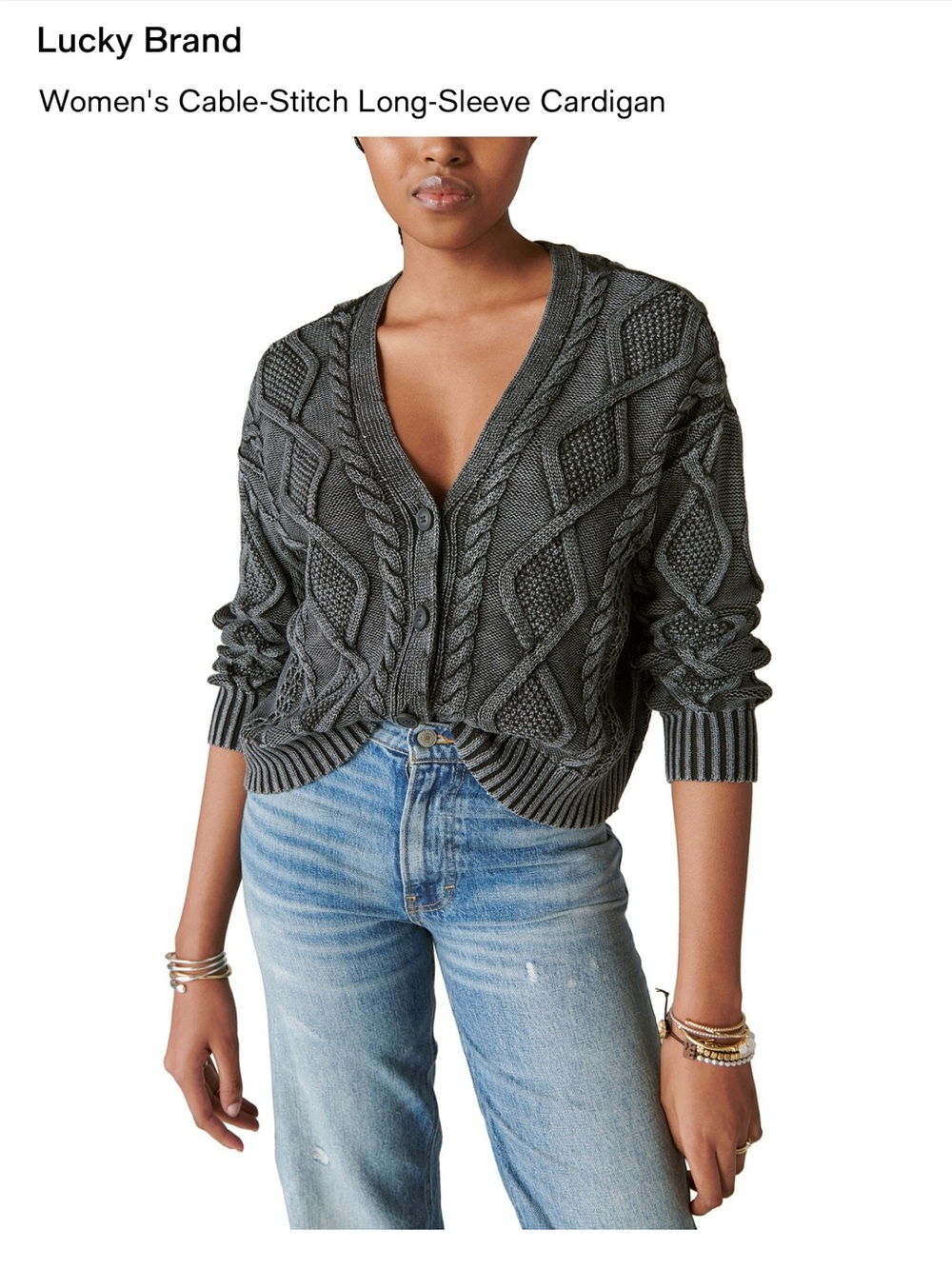 Lucky Brand Cozy Cable-Knit V-Neck Cardigan Sweater - Charcoal Gray